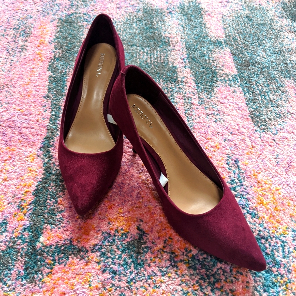 Wine red vegan suede pointed toe low heels